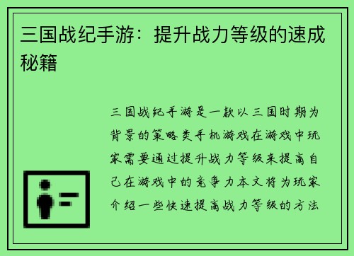 三国战纪手游：提升战力等级的速成秘籍