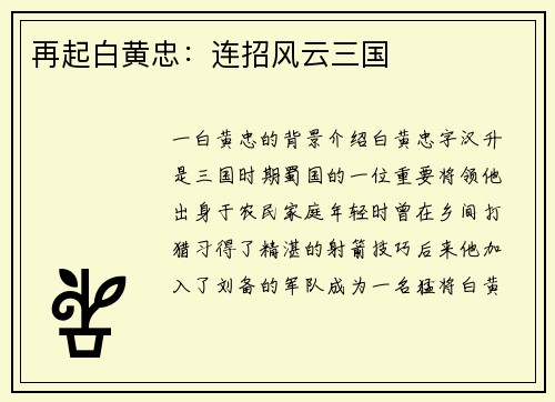 再起白黄忠：连招风云三国